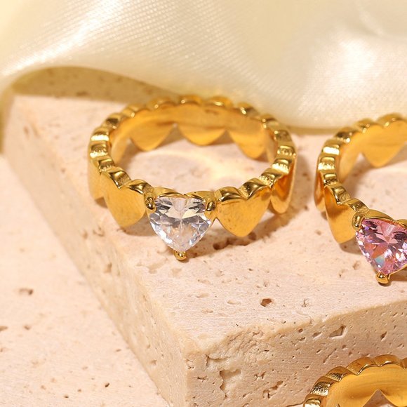 Heart Shape Zircon 18K Gold‎ Plated Stainless Steel Ring - Picture 10 of 12